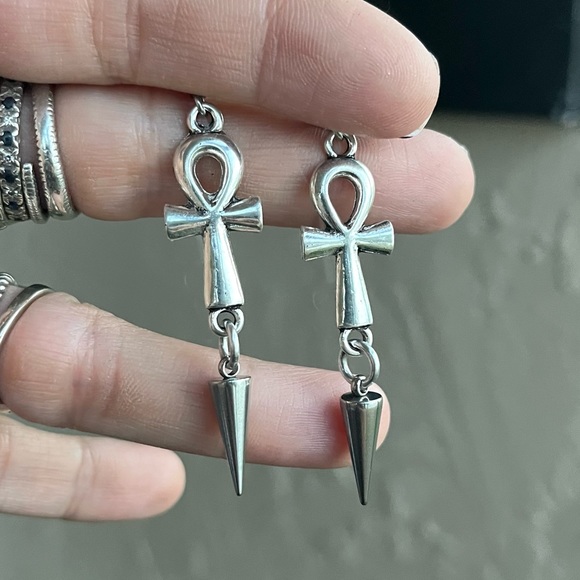 Ankh set with dangly silver spikes stainless steel chain adjustable goth boho - Picture 5 of 13